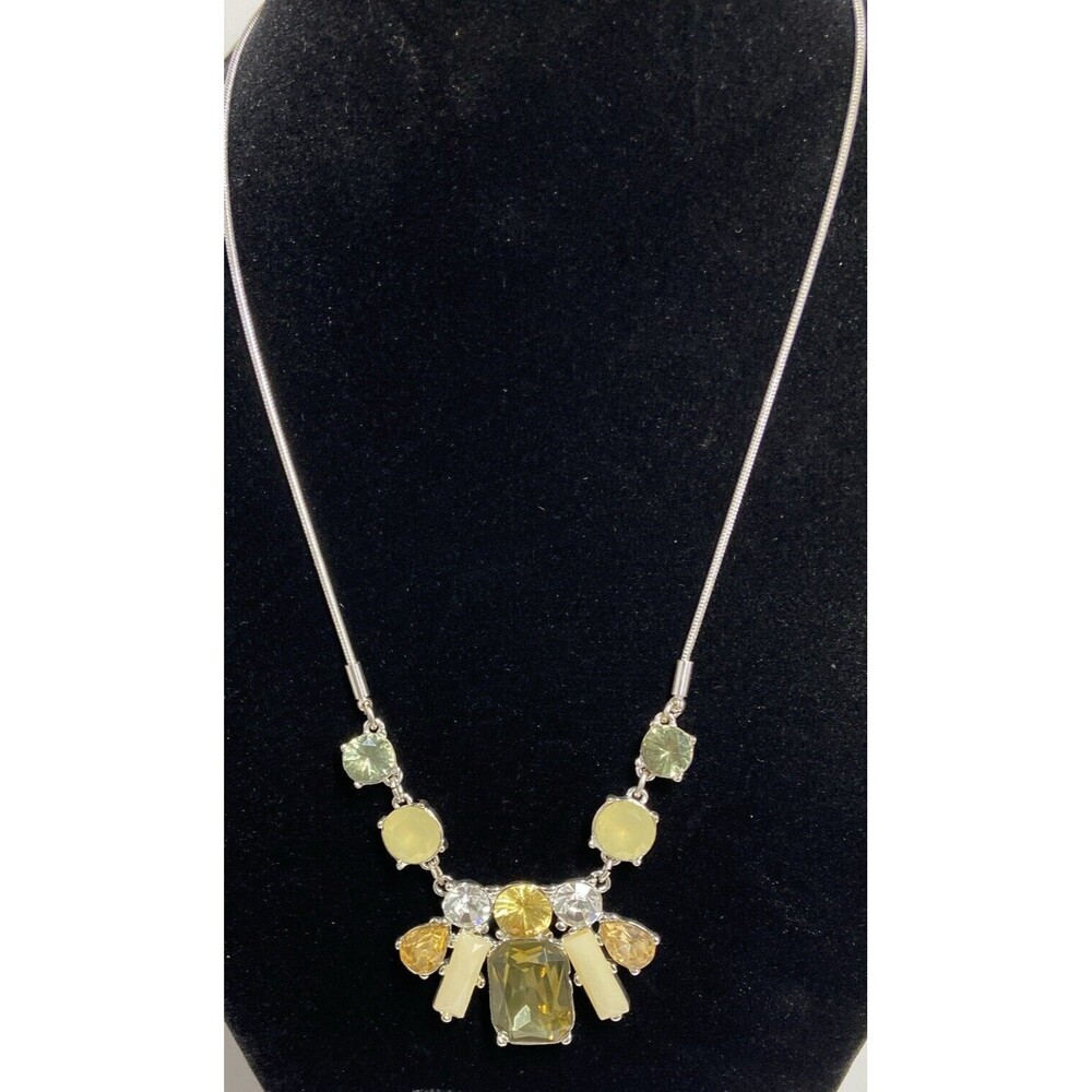 Nine West Silver Tone Green & Yellow Crystal Drop 16” + 1.5” Ext. Necklace